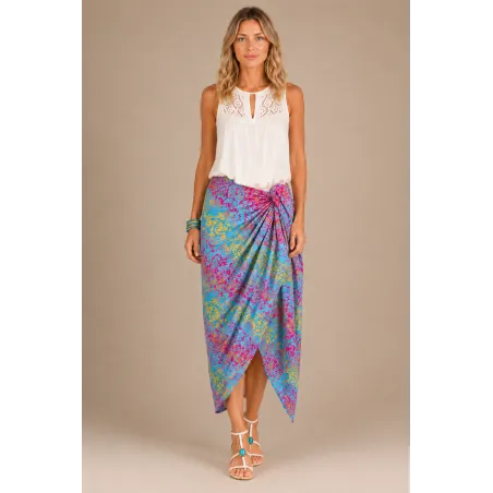 Paréo rose fuchsia motifs batik bleu ciel et jaune – Paréo de plage Tahiti