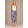 Paréo rose fuchsia motifs batik bleu ciel et jaune – Paréo de plage Tahiti