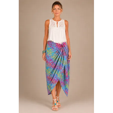 Paréo rose fuchsia motifs batik bleu ciel et jaune – Paréo de plage Tahiti