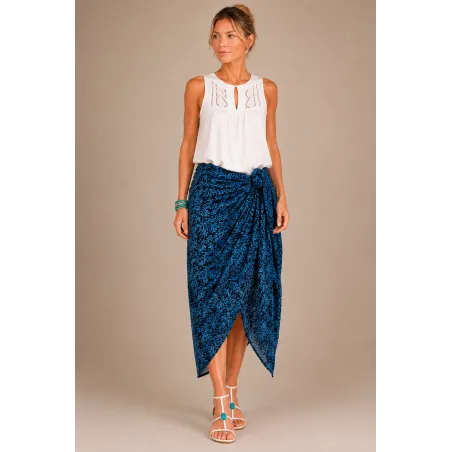 Paréo bleu marine à motifs bleu ciel – Paréo de plage style Tahiti