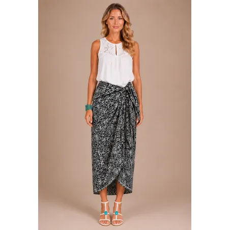 Paréo noir et blanc floral – Paréo de plage femme Tahiti