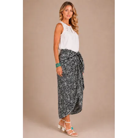 Paréo noir et blanc floral – Paréo de plage femme Tahiti