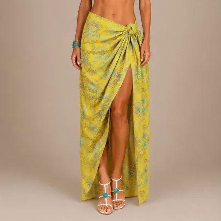 Paréo jaune tropical motifs bleus – Paréo de plage léger | Produit Pacifique