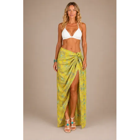Paréo jaune tropical motifs bleus – Paréo de plage léger | Produit Pacifique