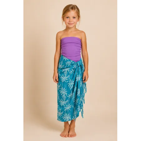 Paréo enfant bleu turquoise motifs palmiers – Paréo fille 3 à 10 ans