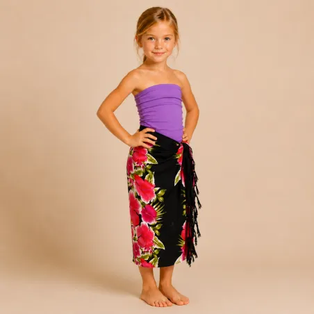 Paréo enfant noir fleurs roses – Paréo fille tropical 5