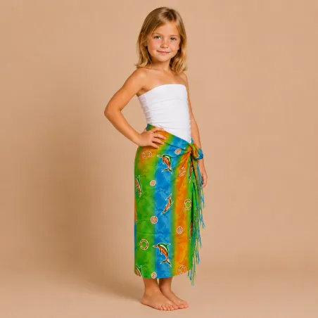 Paréo enfant dauphin bleu, vert et orange – Paréo plage fille 5 à 10 ans