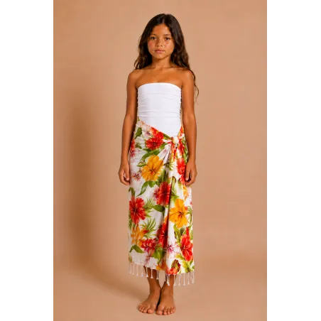 paréo taille enfant blanc motifs hibiscus frangipane