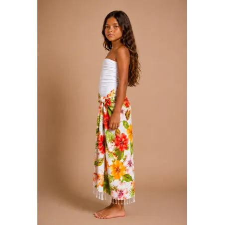 paréo taille enfant blanc motifs hibiscus frangipane