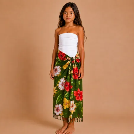 Paréo enfant vert foncé tortues polynésiennes – Style tropical