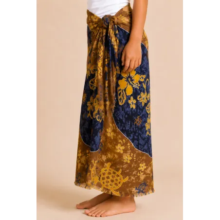 Paréo enfant marron et bleu marine – Motifs tortues & fleurs tropicales