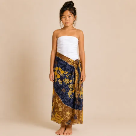 Paréo enfant marron et bleu marine – Motifs tortues & fleurs tropicales