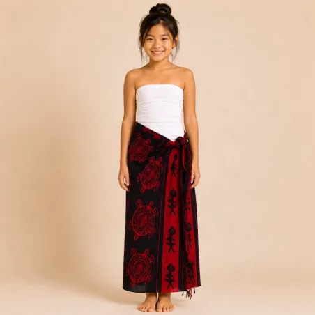 Paréo enfant noir et rouge tortue polynésienne – Motifs poissons et tatouage tribal