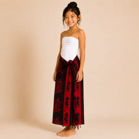 Paréo enfant noir et rouge tortue polynésienne – Motifs poissons et tatouage tribal