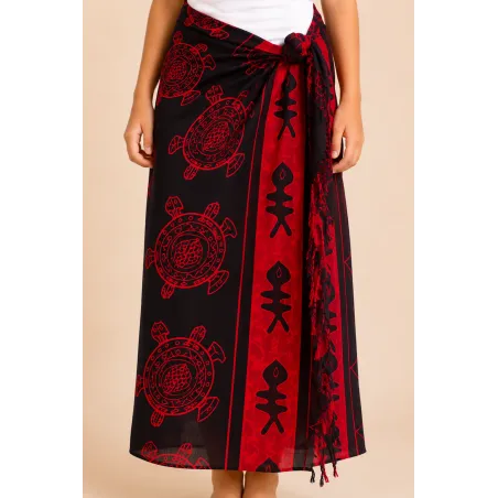 Paréo enfant noir et rouge tortue polynésienne – Motifs poissons et tatouage tribal