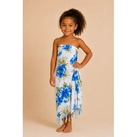 Paréo enfant blanc à fleurs bleues – Paréo tropical fille plage