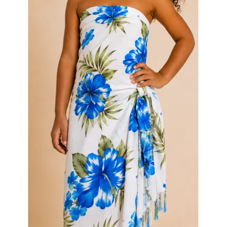 Paréo enfant blanc à fleurs bleues – Paréo tropical fille plage
