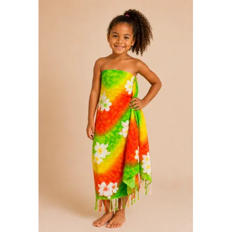 Paréo Enfant Vert Dégradé à Fleurs Blanches – Paréo Tahitien Fille