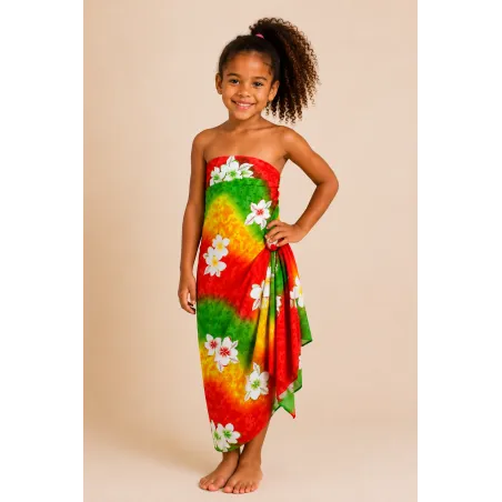 Paréo Enfant Dégradé Vert Rouge Jaune à Fleurs Blanches – Style Tahitien