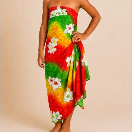 Paréo Enfant Dégradé Vert Rouge Jaune à Fleurs Blanches – Style Tahitien