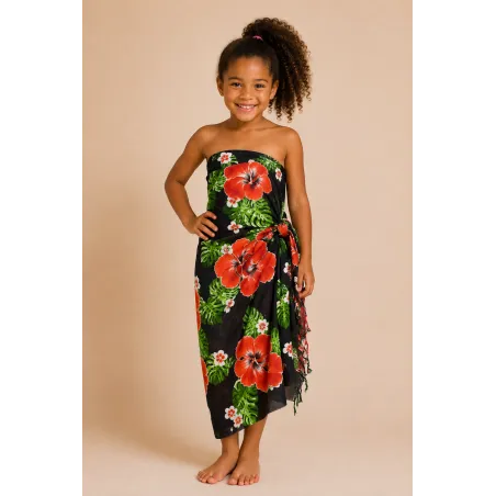 Paréo enfant noir fleurs rouges et feuillage tropical – Paréo Tahiti