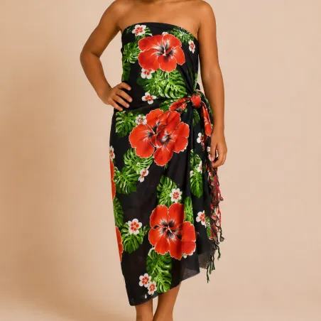 Paréo enfant noir fleurs rouges et feuillage tropical – Paréo Tahiti