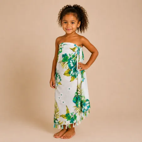 Paréo enfant blanc tropical – Fleurs vertes