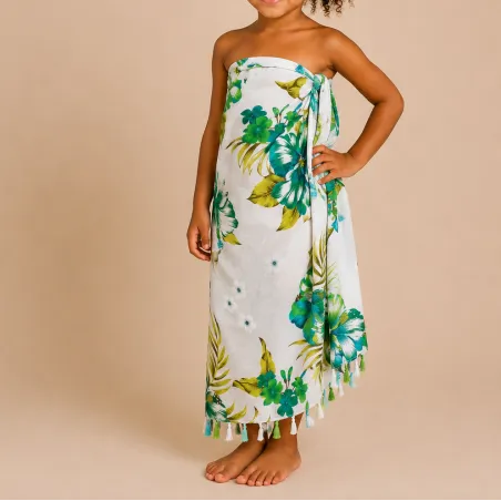 Paréo enfant blanc tropical – Fleurs vertes