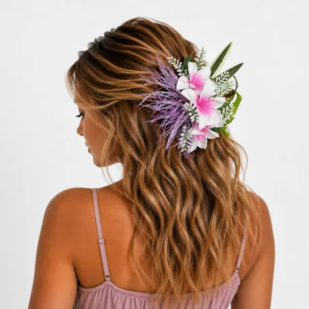 Composition florale cheveux blanc rose – Accessoire Polynésien