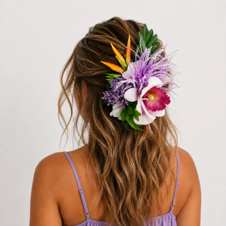 Composition florale violette pour cheveux – 23 cm