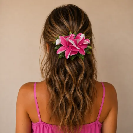 Fleur de cheveux rose et blanche – Accessoire floral tahitien