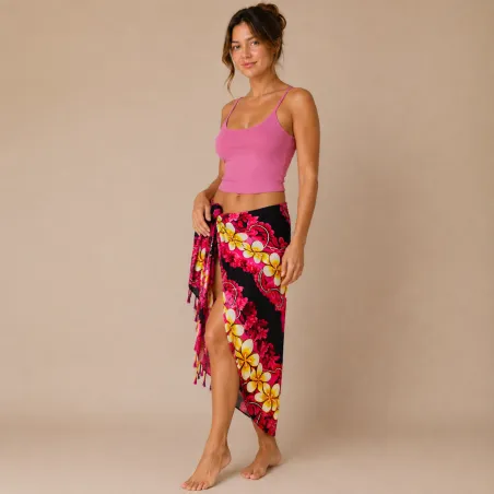 Paréo femme fleuri fuchsia, noir et jaune | Paréo polynésien