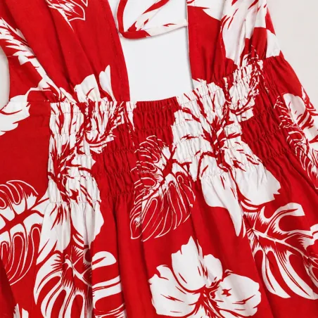 Robe tahitienne verte hibiscus – Fait main avec dentelle et dos élastique