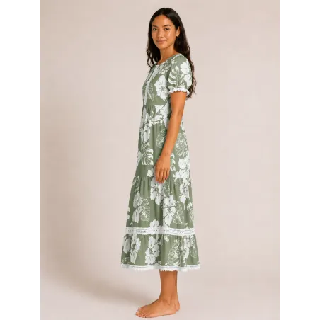 Robe tahitienne verte hibiscus – Fait main avec dentelle et dos élastique