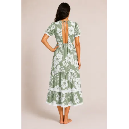 Robe tahitienne verte hibiscus – Fait main avec dentelle et dos élastique