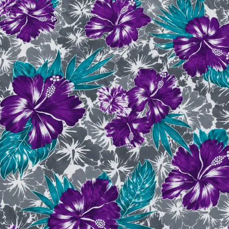 Tissu floral violet, turquoise et gris – Hibiscus