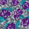 Tissu floral violet, turquoise et gris – Hibiscus