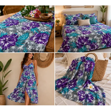 Tissu floral violet, turquoise et gris – Hibiscus
