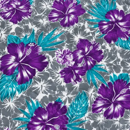 Tissu floral violet, turquoise et gris – Hibiscus