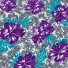 Tissu floral violet, turquoise et gris – Hibiscus
