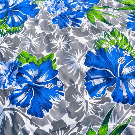 Tissu hibiscus blanc gris bleu – Imprimé tropical