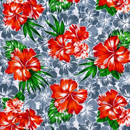 Tissu hibiscus orange gris blanc– Imprimé tropical