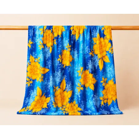 Tissu polynésien bleu à fleurs d’hibiscus jaunes