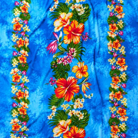 Tissu polynésien bleu à fleurs tropicales | 1,10 m