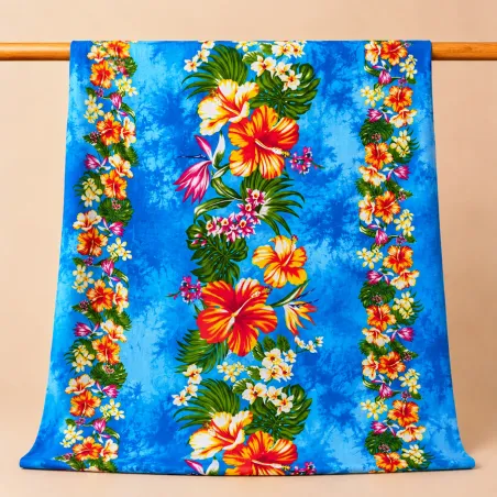 Tissu polynésien bleu à fleurs tropicales | 1,10 m