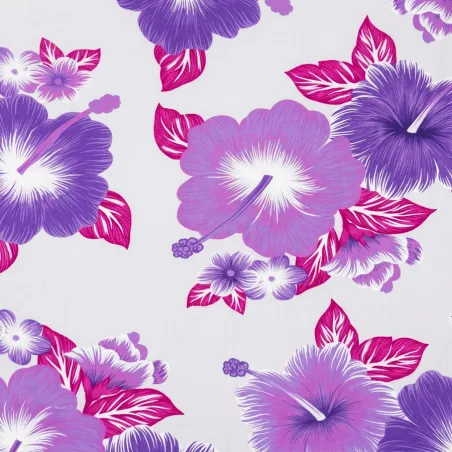 Tissu à la coupe - Blanc et violet - Hibiscus Kekona
