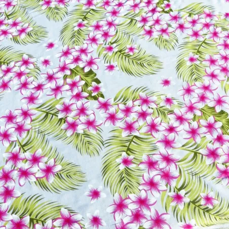 Tissu Fibranne Viscose blanc Fleurs frangipane Rose Fuchsia
