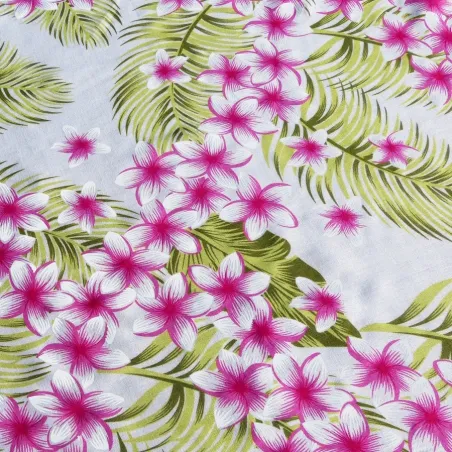 Tissu Fibranne Viscose blanc Fleurs frangipane Rose Fuchsia