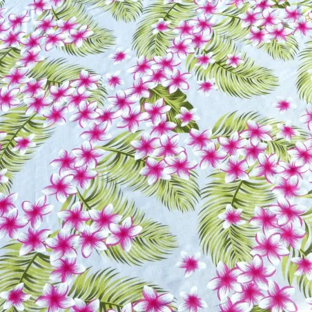 Tissu Fibranne Viscose blanc Fleurs frangipane Rose Fuchsia