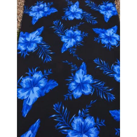 Tissu Hibiscus bleu marine sur Fond Noir – Motif Tropical